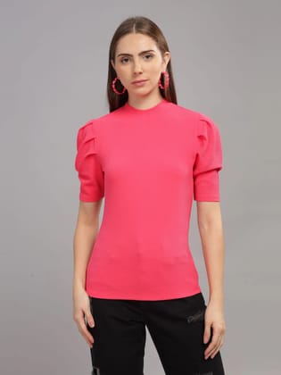 Women Karara Top, Puff Sleeve, Polyester, Pink-XS / Pink
