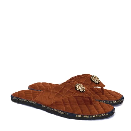 Tan Velvet Slippers with 3D Lion Logo-40/6