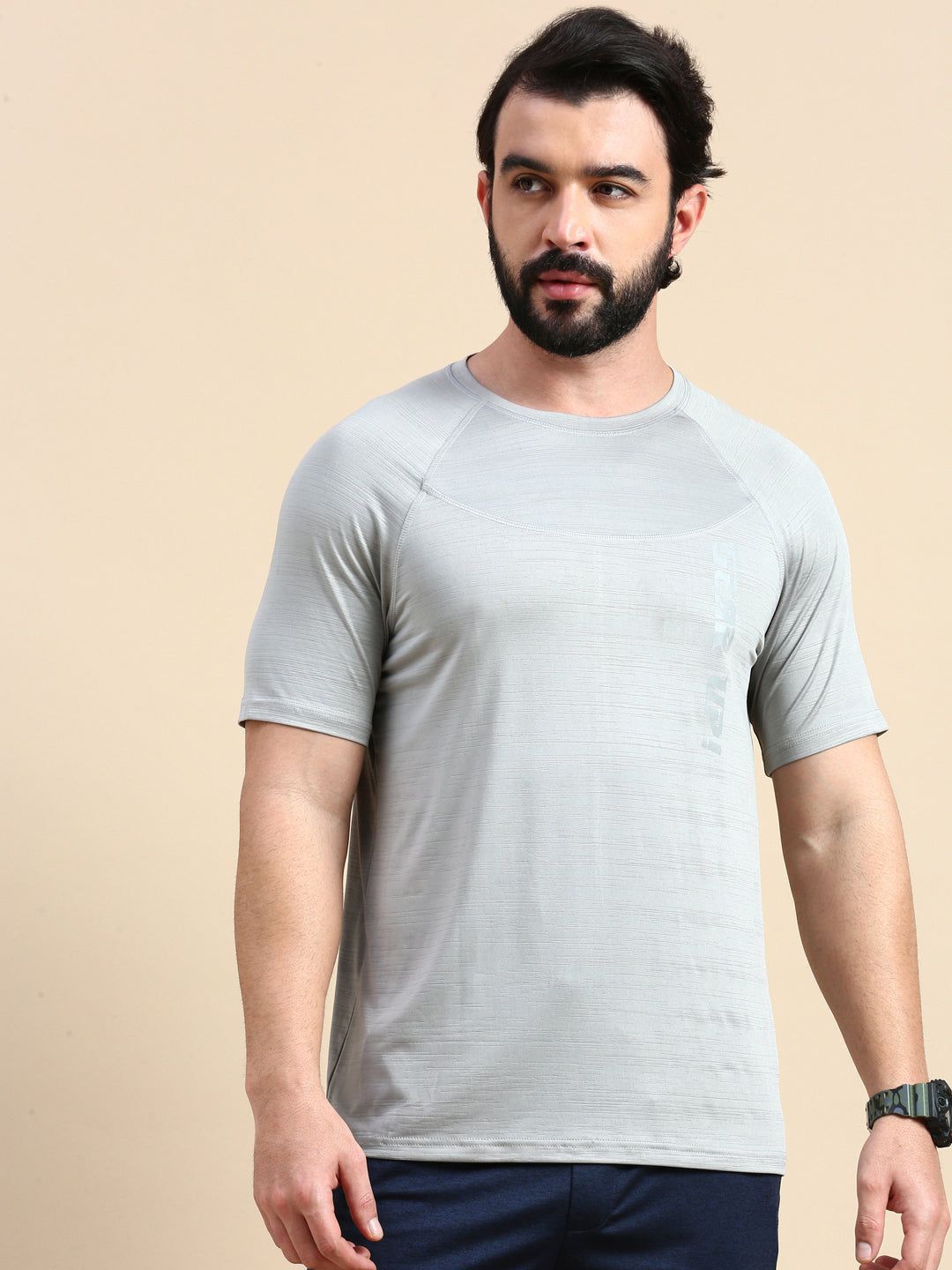Classic Polo Men's Round Neck Polyester Grey Slim Fit Active Wear T-Shirt | GENX-CREW 14A SF C