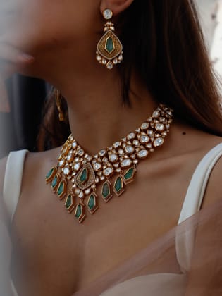 Waajida Mint-Green Kundan Necklace Set-Mint