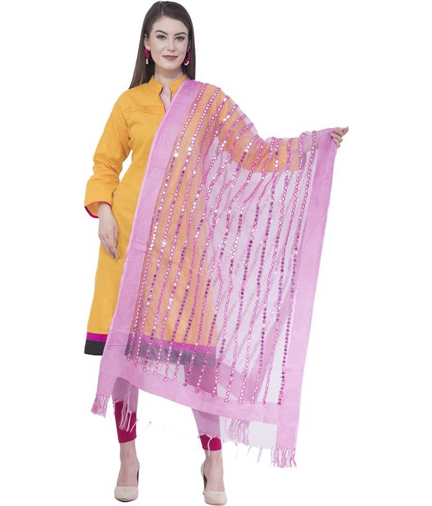 A R Silk Pink Organza Mirror Work Dupatta