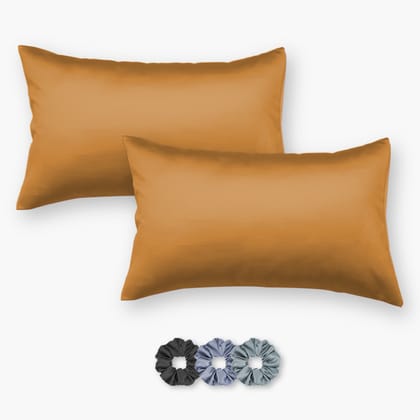Mustard Satin Pillow Covers - Set of 2 (With 3 Free Scrunchies)-16 X 24 inch - Small