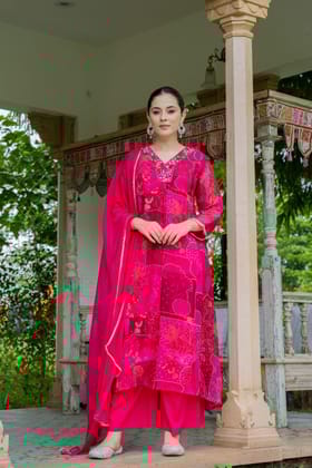 Elegant Red- Pink A-Line Kurta Set With Embroidered V-Neck And Abstract Floral Print-RANI PINK / XXL