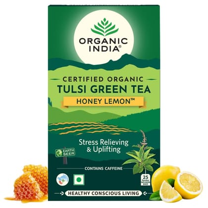 A TATA Product - Organic India Tulsi Green Tea Honey Lemon - 25 Tea Bags, Refreshing Blend with Tulsi, Green Tea, Lemon & Honey Flavors, Naturally Sourced Ingredients, Staple-Free Bags Certified Organic