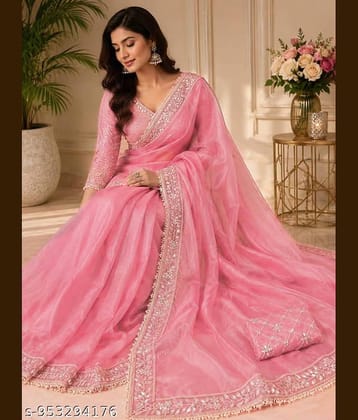 Shivadit ethnic Organza Embroidered Banarasi saree With Unstitched Blouse Piece ( Pink )