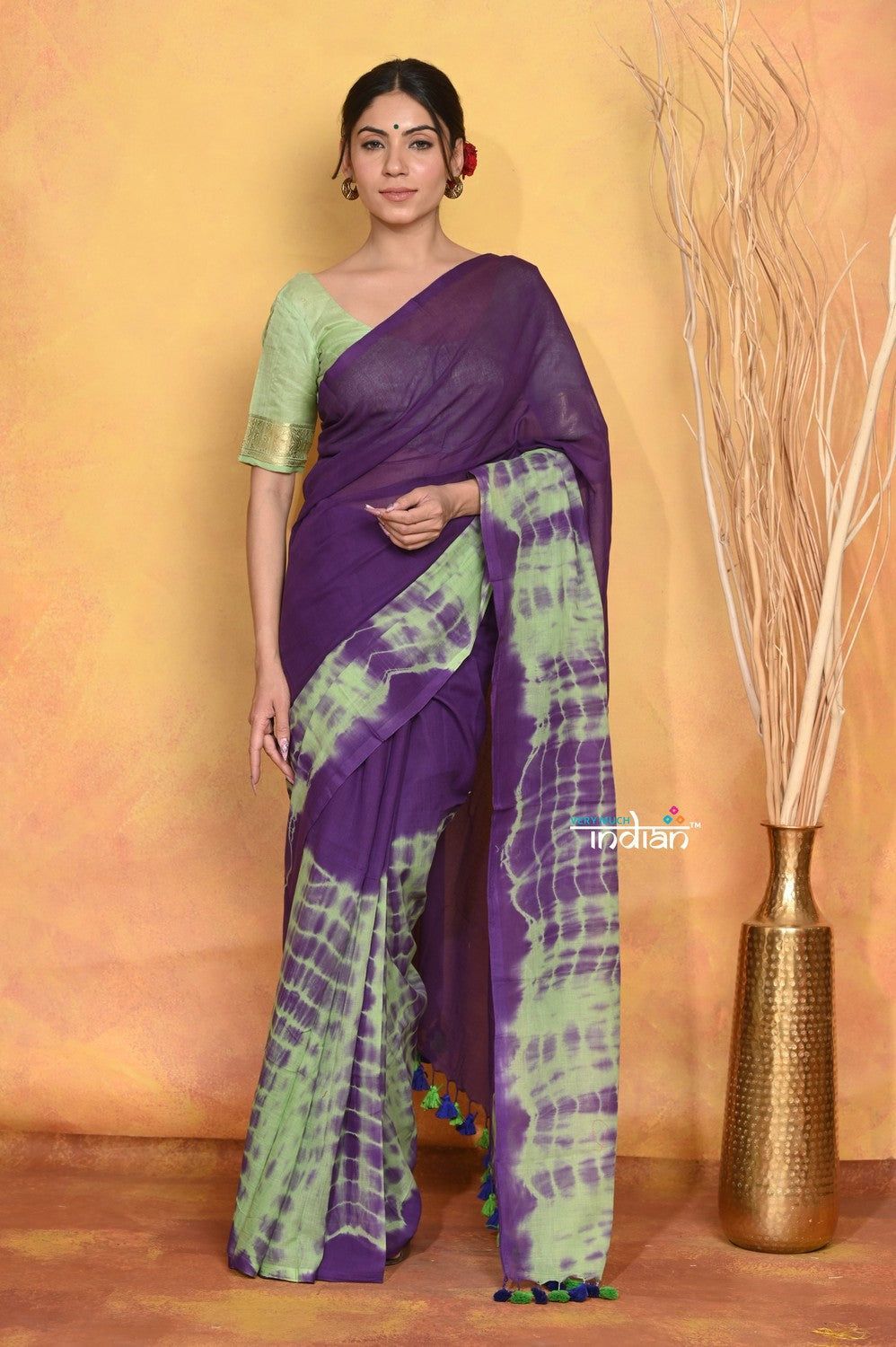 Mastaani ~ Tie & Dye Handloom Mul Cotton Saree - Purple Green