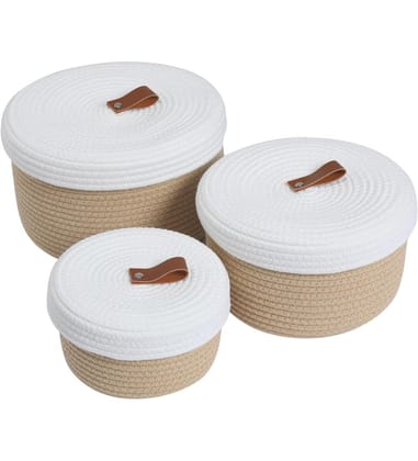 Generic Cotton 3 Pcs Set Roti Box Storage Basket With Lid (Beige-White)-PID66358
