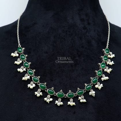 925 sterling silver handmade gorgeous green onyx and pearls vintage stylish necklace, wedding brides charm customized jewelry set339