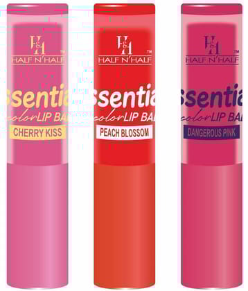 Half N Half Makeup Girls Essential Color Lip Balm Moisturizing Lip, 3 Multi Shades Cherry Kiss | Dangerous Red | Peach Blossom, Pack of 3 (10.5gm)
