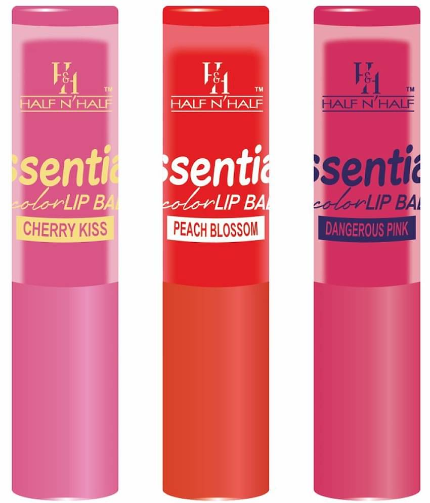 Half N Half Makeup Girls Essential Color Lip Balm Moisturizing Lip, 3 Multi Shades Cherry Kiss | Dangerous Red | Peach Blossom, Pack of 3 (10.5gm)