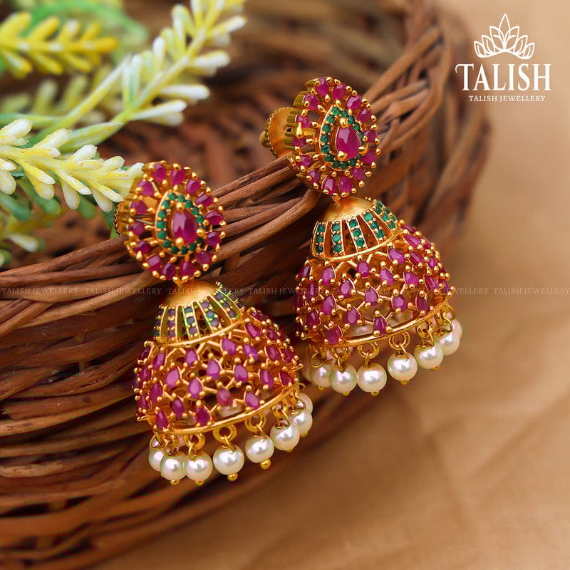 Elegant Ruby & Emerald Jhumka Earrings with Pearl Accents - Talish Jewellery