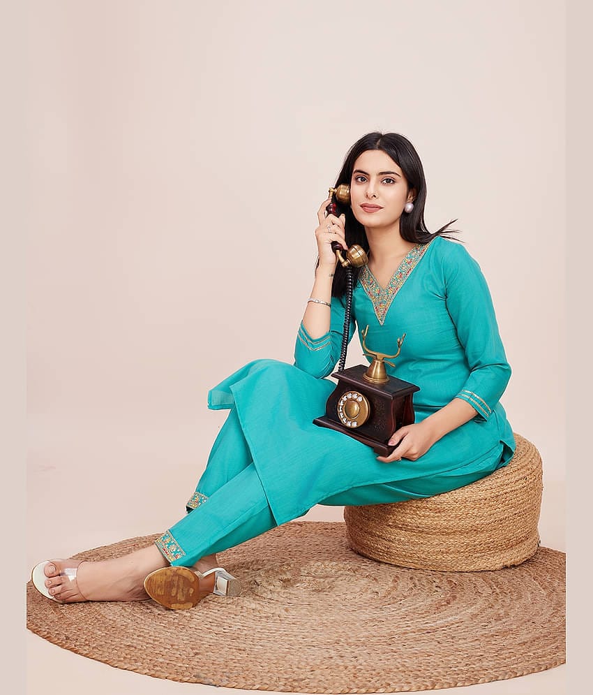 Women Basket Cotton Blend Printed Kurti With Pants Women's Stitched Salwar Suit - Light Blue ( Pack of 1 )