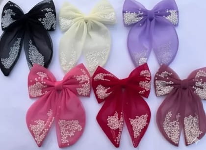 Artful Threads Pearl-Filled Handmade Net Hair Bow | Fancy & Stylish Hair Accessory | Single Piece