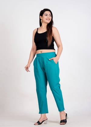 Women's Dark Turquoise Cotton Trouser Pant - Regular Fit for Office, School, and Casual Wear-S / Dark Turquoise / 100% Cotton