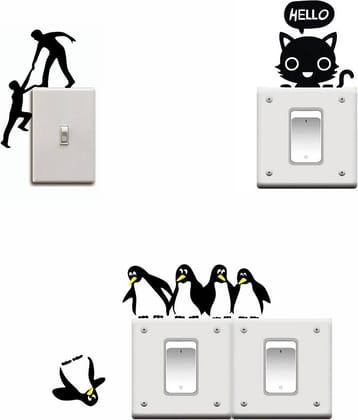 Asmi Collection Funny Penguins Cat and People Switch Board Sticker ( 16 x 16 cms )