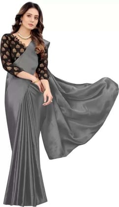 ANSH Womens Satin Solid Saree length (5.5m) & Blouse Piece Size (0.8m) (Grey)