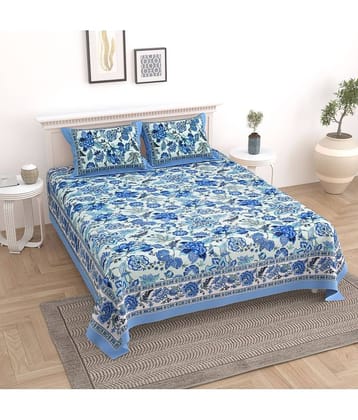 Uniqchoice Cotton Floral King Size Bedsheet With 2 Pillow Covers - Blue
