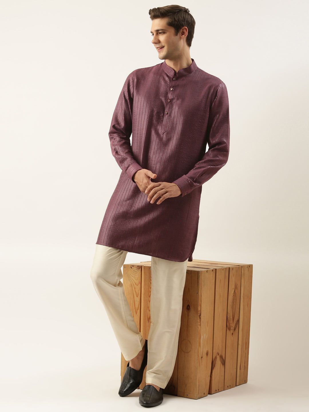 Wine Striped Short Kurta-Made To Measure / Only Kurta - No Lowers