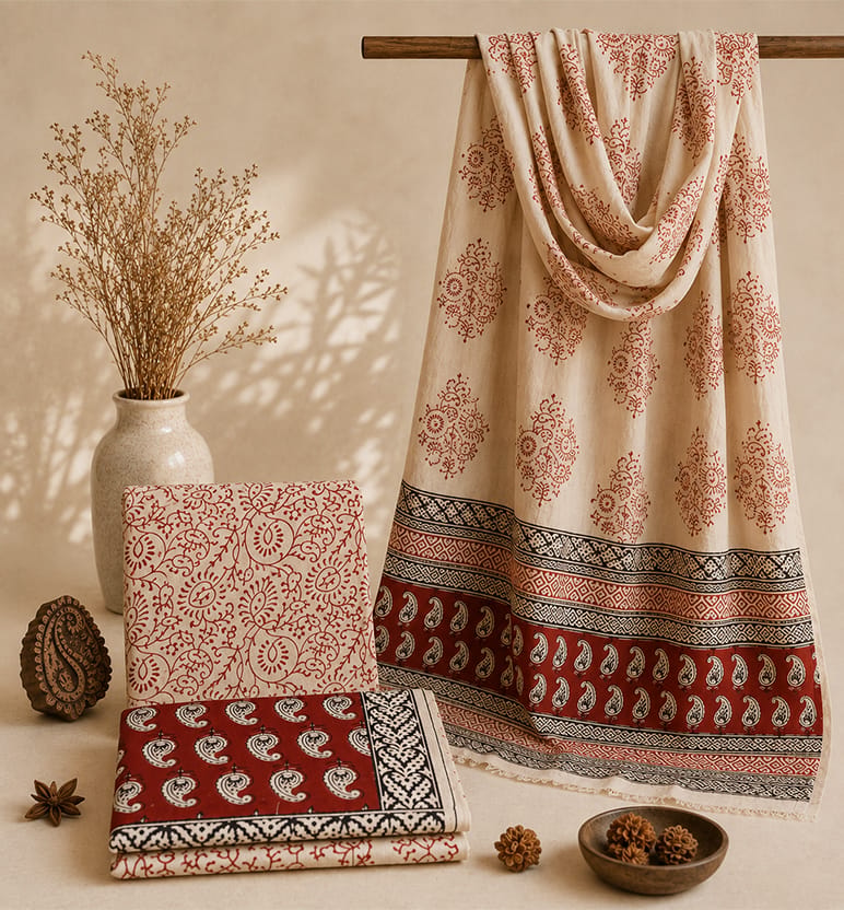 Handcrafted Bagh Print Cotton 3 Piece Suit Set