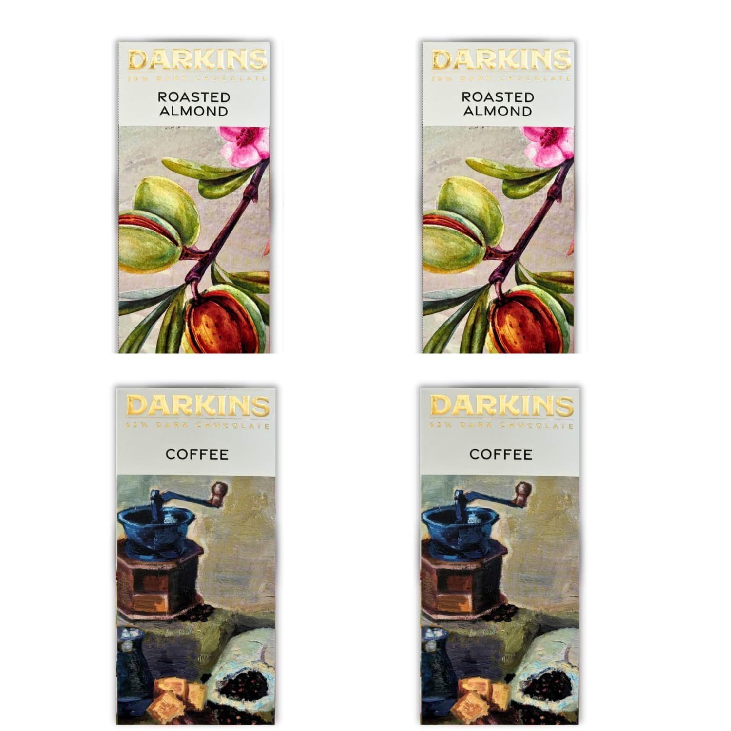 DARKINS 65% Dark Chocolate With Coorg Coffee | 70% Dark Chocolate With Roasted Almonds | Dark Chocolate Bar 4x50 Gm | Gluten-free Chocolate | 50g Each Pack Of 4