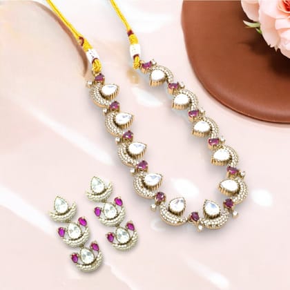 Gold-Plated Teardrop and Ruby Accent Necklace Set with Multi-Layer Earrings