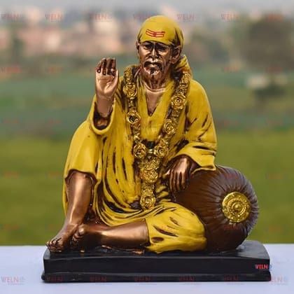 WELNO Resin Sai Baba Idol Gifts Ashirwad Murti for Office Decor/Used in Pooja/Mandir, 9L x 14W x 16.5H Centimeters