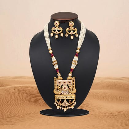 Rani Color Meena Work Matte Gold Rajwadi Temple Necklace Set (TPLN687RNI)-Length: 44.00 CM x Width: 1.50 CM / Pink / Alloy With Good Quality Matte Gold Plated