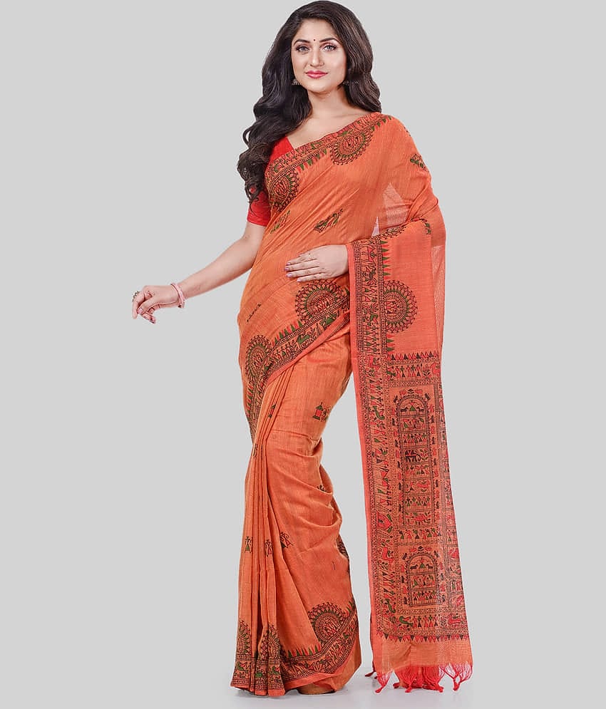 Desh Bidesh Cotton Printed Saree With Unstitched Blouse Piece ( Orange )