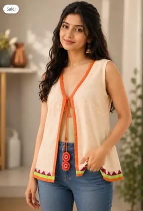 Ivory Ethnic Tie-Front Sleeveless Top