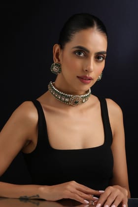 Lira Emerald Polki Choker Necklace Set-Polki
