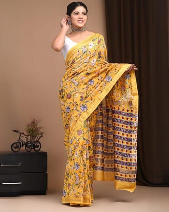 Joyful Maheshwari Pure Silk Yellow Saree Blockprint