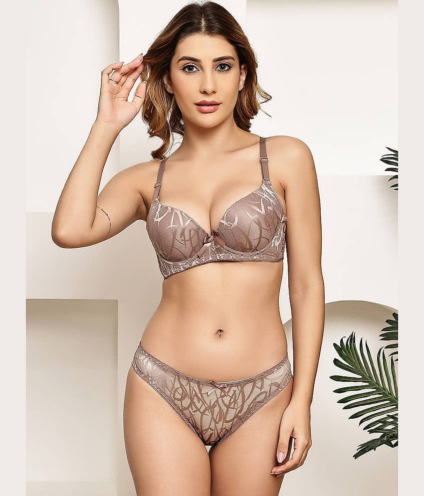 PrettyCat Pack of 1 Lace Bra & Panty Set For Women ( Peach )
