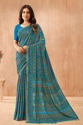 Blue Printed Crepe Saree
