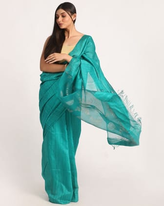 Deep cyan handwoven resham and matka silk jamdani saree