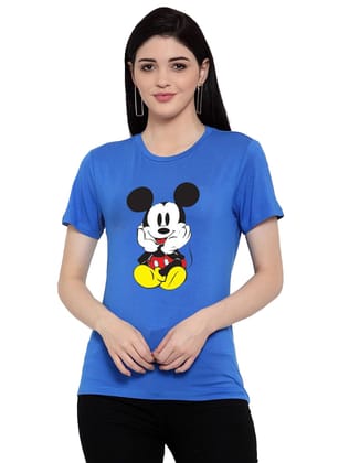 Women's Cotton Blend Mickey Mouse Printed T-Shirt S (Blue)