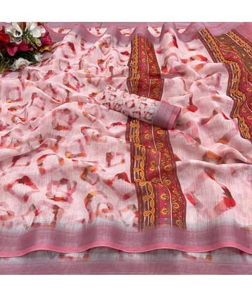 Gullak Linen Printed Saree With Unstitched Blouse Piece ( Pink )
