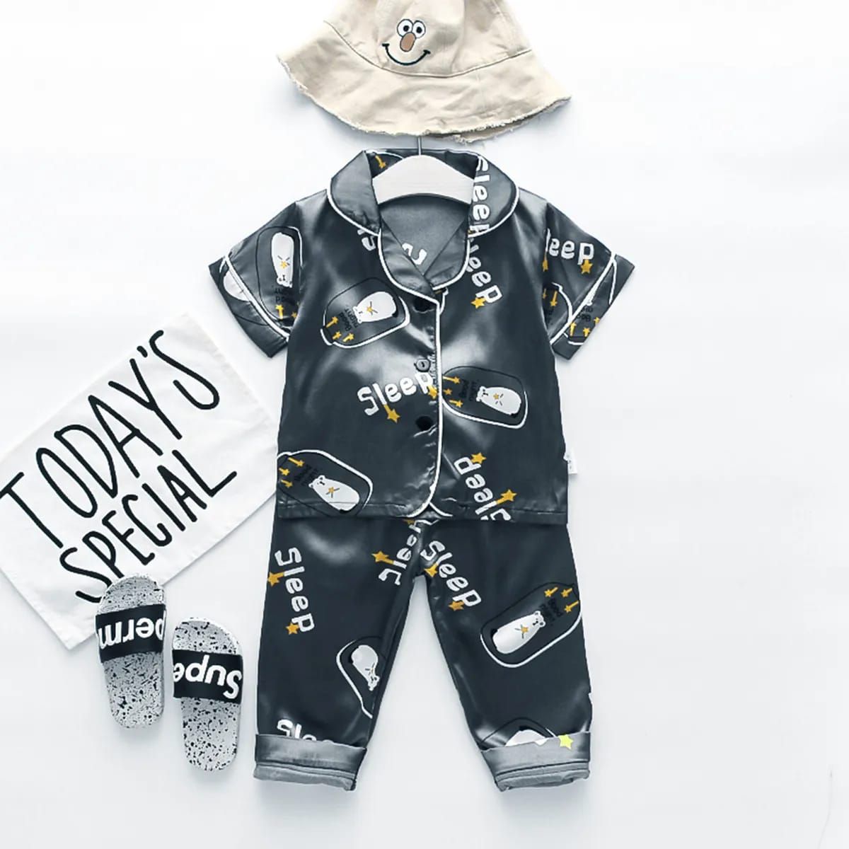 Printed Blue Black Satin Co-ord Set for Boys and Girls-1-2 year