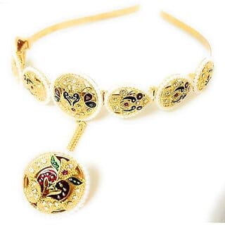 Fashion Jewellery Rajsthani Jadau Traditional Indian Mathapatti Hairband with Borla, Gold-Plated Floral Design, Enamel Work, Crystal Embellished with Leaves Motifs for women and girls
