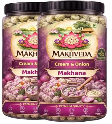 MAKHVEDA - Superfood Cream & Onion Makhana | Roasted Fox Nuts | Crunchy & Creamy Flavour | Healthy Snack | Low Calorie, High Protein, Gluten Free | Premium Lotus Seeds ( 80g x 2 Pack )