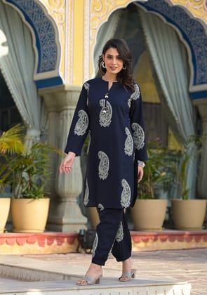 Navy Blue Paisley Handblock Co-ord set-XS