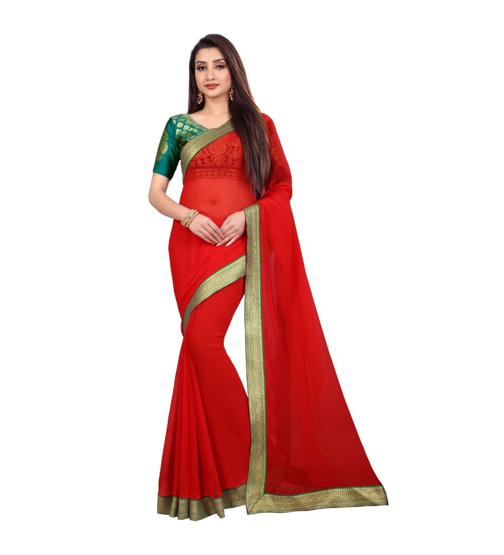 Generic Women's Chiifon, Jacquard Blouse Saree (Red, 5 - 6 Mtrs)