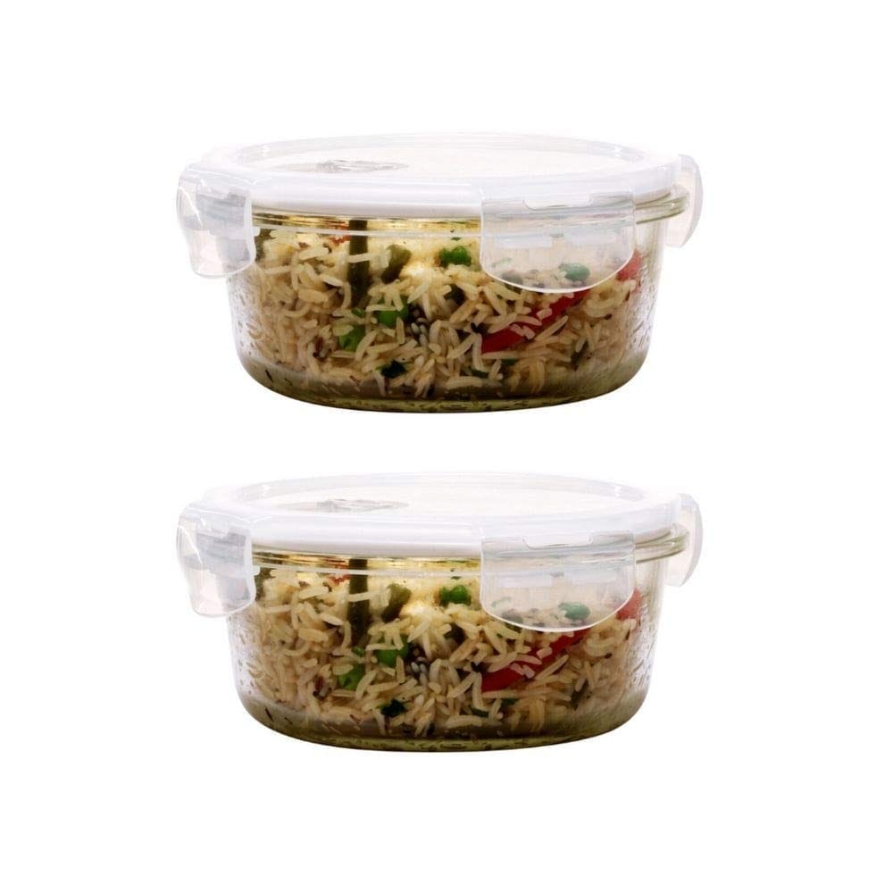 Femora Borosilicate Glass Microwave Safe Round Food Storage Container with Air Vent Lid (580 ml, Pack of 2), 1 Year Free Replacement
