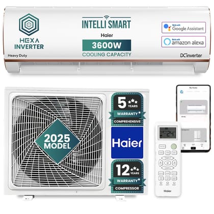 Haier 1 Ton 5 Star HEXA Inverter Smart Split AC (3600W, Copper, Wi-Fi, Heavy Duty, 4 Way Swing, Frost Self Clean, HD Filter, Cools at 60°C, 20 Mtr. Air Throw - HSU14K-PYFR5BN-INV, 2025 Model - White) White