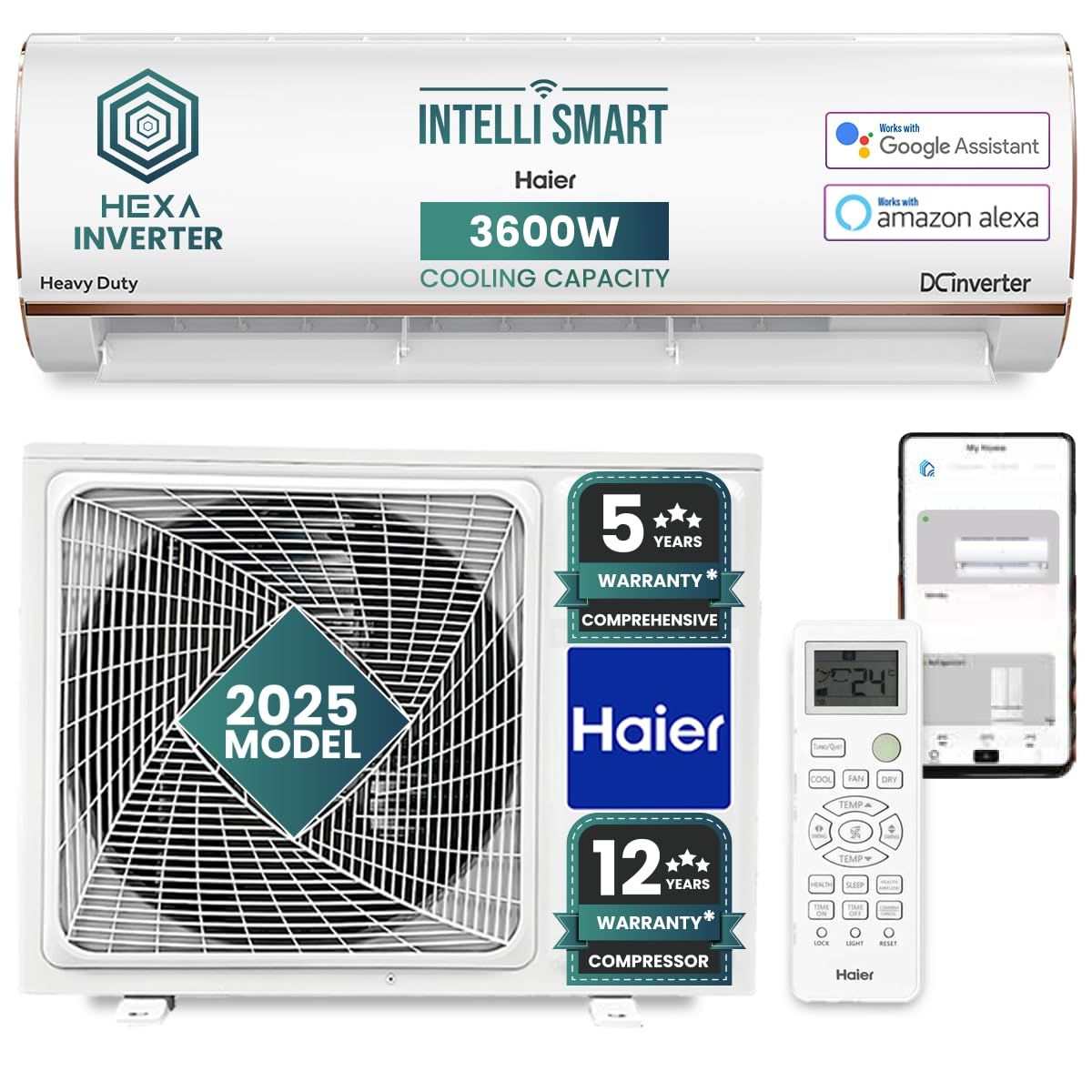 Haier 1 Ton 5 Star HEXA Inverter Smart Split AC (3600W, Copper, Wi-Fi, Heavy Duty, 4 Way Swing, Frost Self Clean, HD Filter, Cools at 60°C, 20 Mtr. Air Throw - HSU14K-PYFR5BN-INV, 2025 Model - White) White