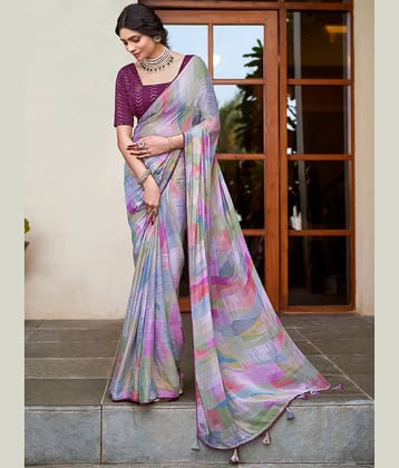 DIKONA DESIGNER Chiffon Printed Saree With Unstitched Blouse Piece ( Grey,Purple )