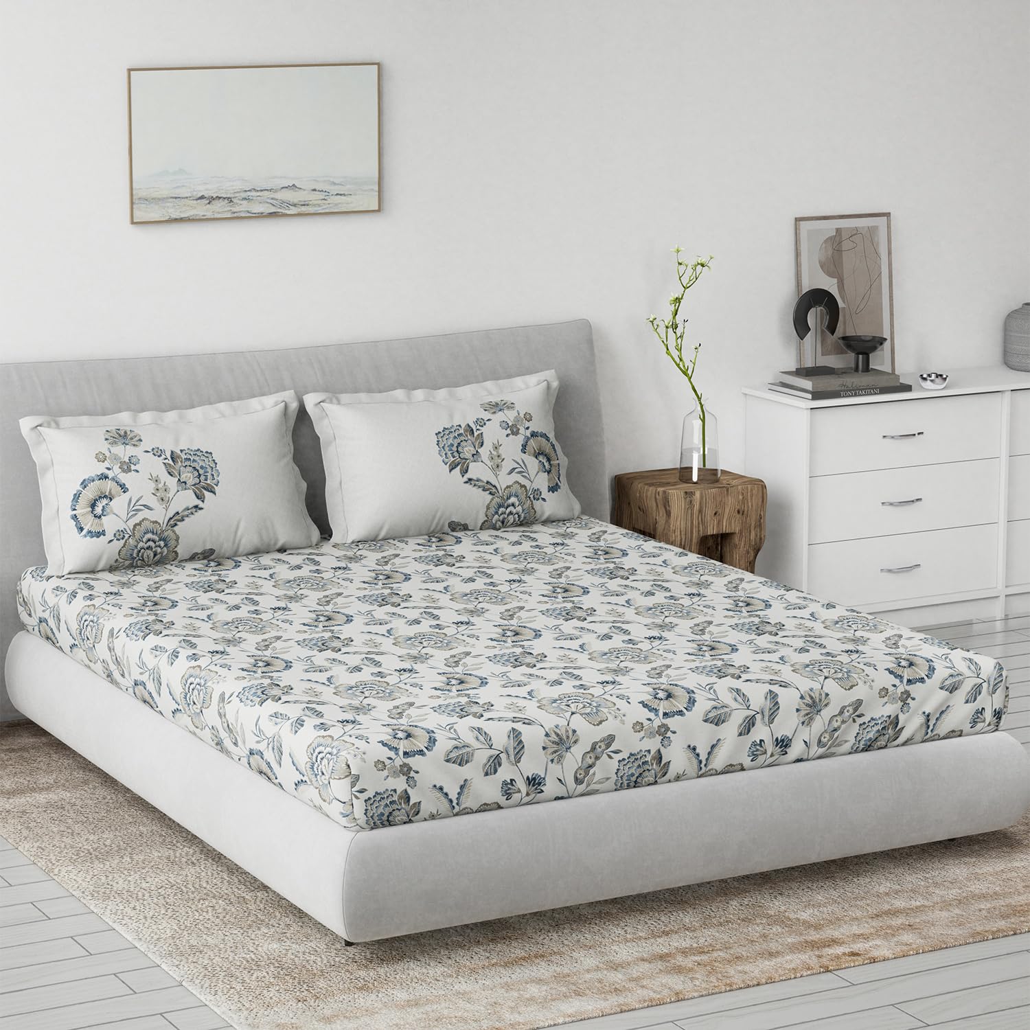 DDECOR - Primary Collection 100% Cotton Floral Pattern 145TC King Bedsheet |229 CM X 274 CM| Grey