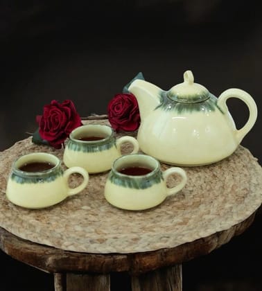 Glossy Ceramic Yellow & Green Textured Kettle Set of Cups - Pack of 7