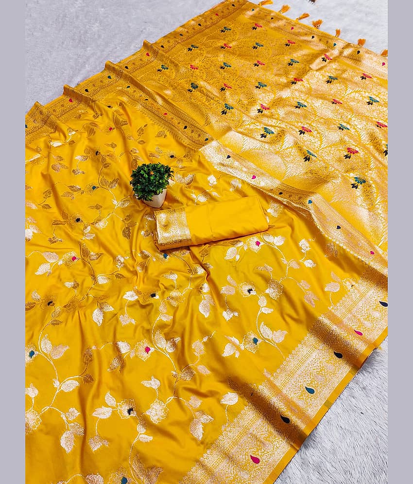 Suntex Silk Woven Banarasi saree With Unstitched Blouse Piece ( Yellow )