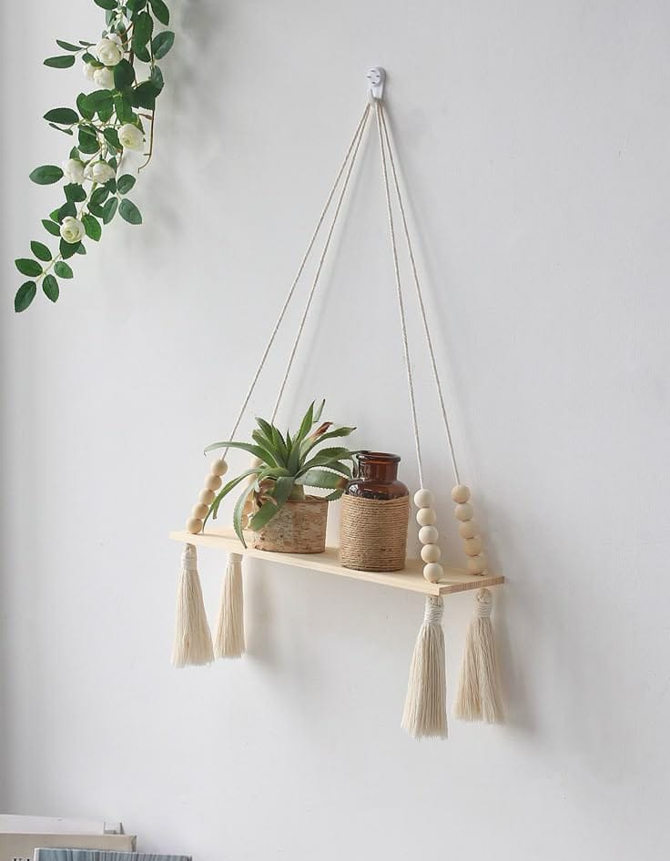 Wall Hanging Shelf Plants Books Decorative Items Wood Floating Shelves with Wooden Beads & Rings Modern Chic Decor