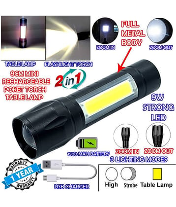 GLOBAL 2in1 3 Mode Waterproof Rechargeable LED Zoomable Metal Body COB 9W Flashlight Torch Emergency Table Lamp - Pack of 1